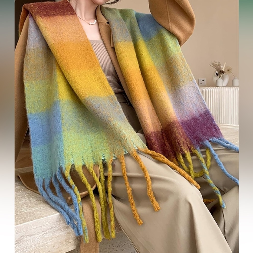 🆕 FP Style Blanket Scarf Oversized Tartan Plaid Warm Cozy Long Wrap Cotton Blend